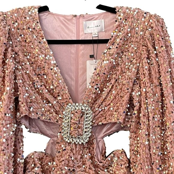 Line & Dot Small Sequin Embellished Rhinestone Belt Pink V-Neck Mini Dress NEW - Picture 4 of 9